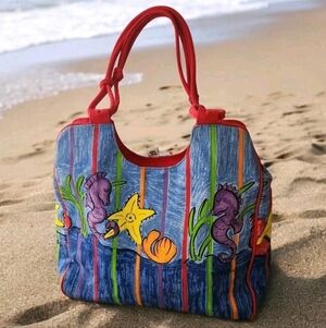 Sally Huss Seahorse Canvas Tote Shoulder Bag Zip Top Coastal Art Beach Purse
